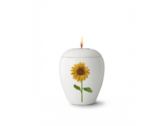 Keramik, Edition Bianco, matt-weiß glasiert, Sonnenblume, Gedenklicht m. Teelichteinsatz