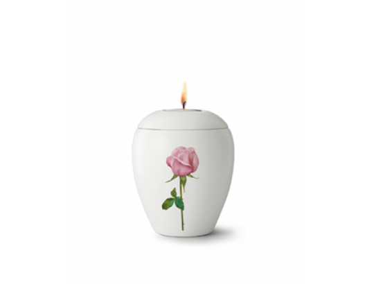 Keramik-Gedenklicht, Edition Bianco, matt-weiß glasiert, Rose Teelichteinsatz