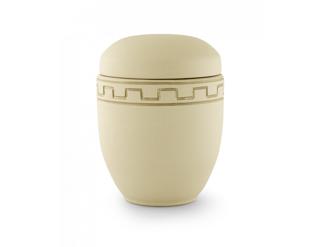 Keramik, sandfarbig glasiert, Mäanderdekor golden