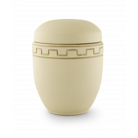 Keramik, sandfarbig glasiert, Mäanderdekor golden