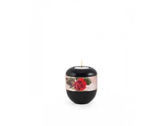 Red Rose, Porzellan-Gedenklicht, umlaufendes Dekorband mit Goldstreifen eingefasst, Motiv Rose
