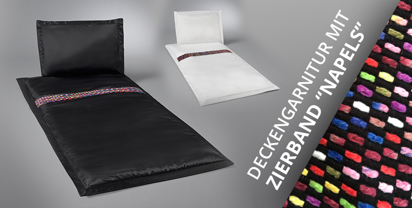 Sarggarnitur bestehend aus Decke und Kissen mit Zierband Napels, Modestoff